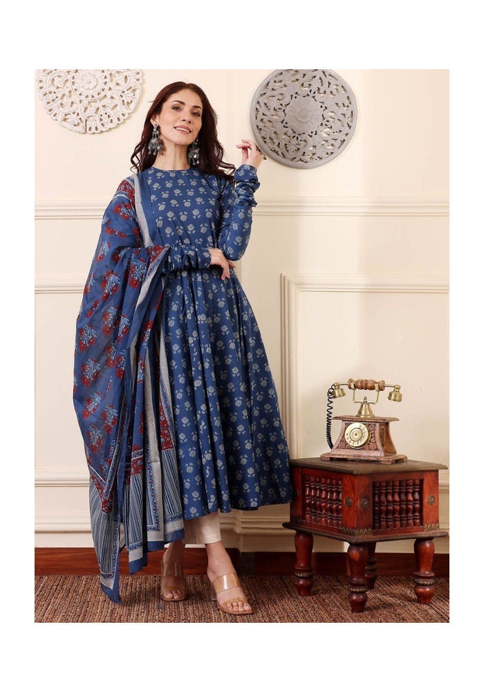 Malishka Export Blue Rayon Printed Anarkali Kurta Pant With Dupatta for Women - Image 1